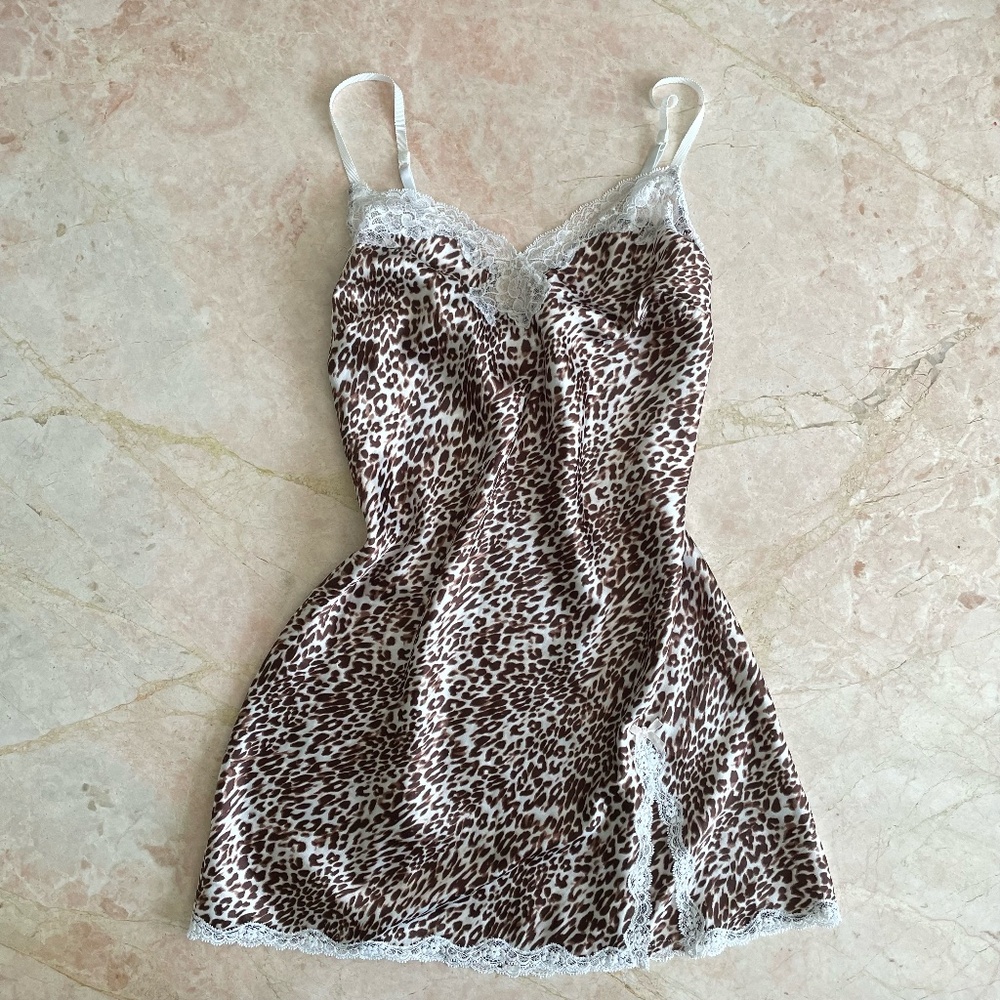 Y2k leopard print lace slip dress